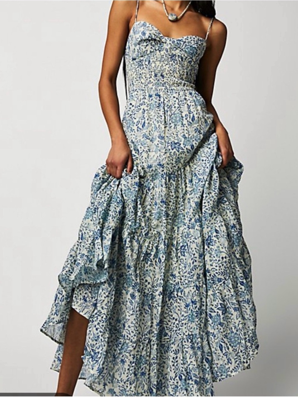 Free People Blue Floral Smocked Bodice Maxi Dress